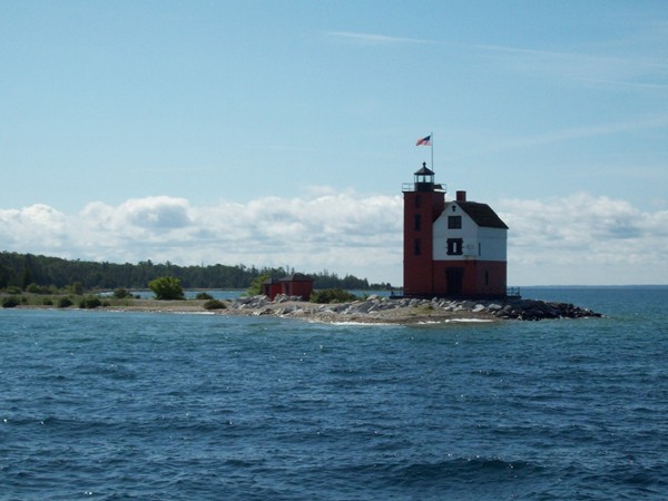 Round Island Light House hugs the shore of Mackinac Island