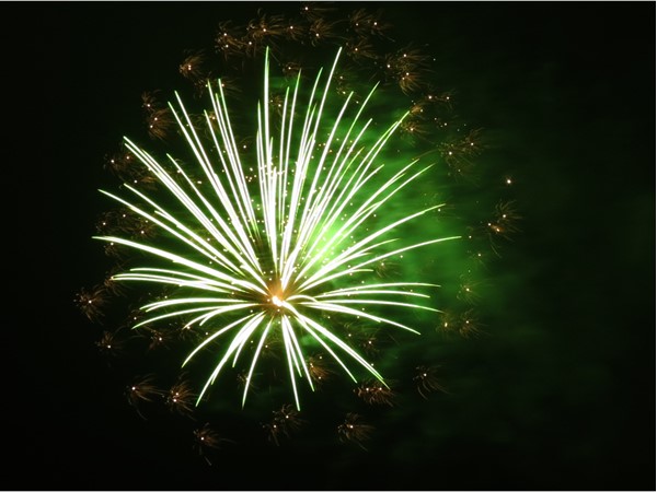 Green fireworks with gold "satellites"