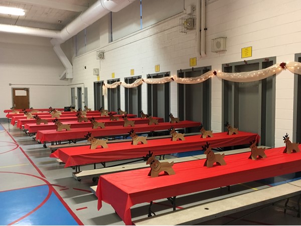 Farrand Elementary School gymnasium decorated for breakfast with Santa