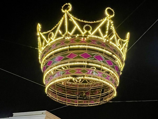 The lit Christmas crowns at Zona Rosa in Kansas City's Northland