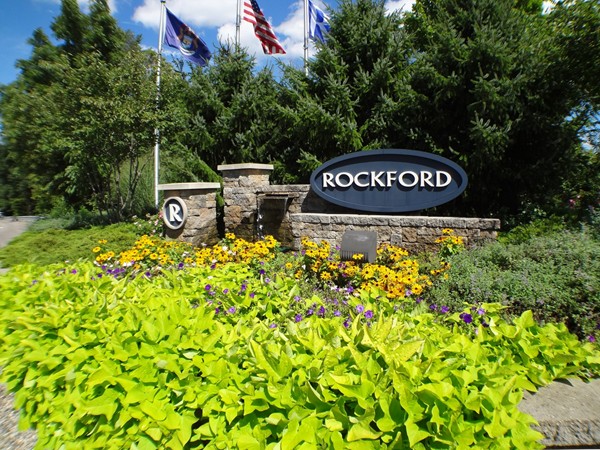 Rockford sign with water feature