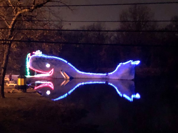 The blue whale on Rt 66 at night for Christmas. Historical stop
