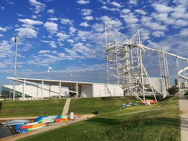 OKC Riversport Adventure Park - view of the slides, ropes course, and building
