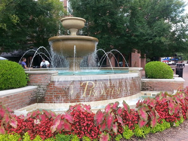 The Village of Providence Fountain in front of a dining courtyard
