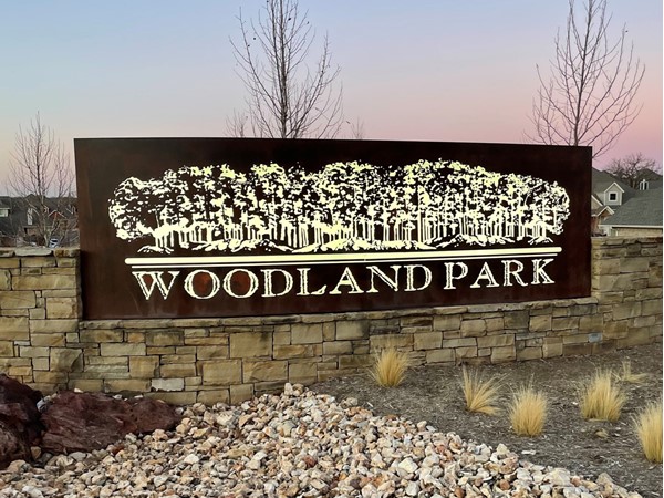 Entrance sign for Woodland Park neighborhood in Edmond