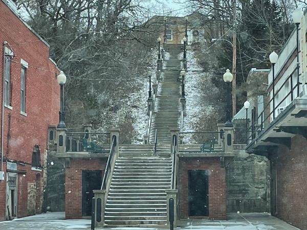 Long staircase from downtown Pawhuska up to the Osage County Courthouse