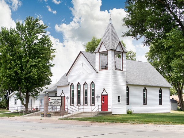 Salix United Methodist Church is as pretty as a picture with it's red door and tall steeple