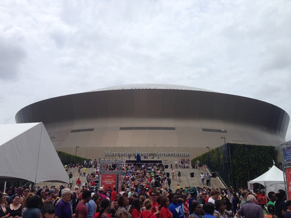 View of Mercedes-Benz Superdome, from Champions Square, during the World's Largest Crawfish Boil