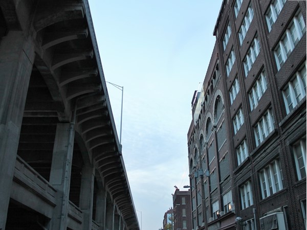 View of 12th Street trafficway viaduct bridge and historic buidings near Mulberry Street