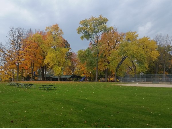 Lawrence Street Park has baseball fields, playground, tennis courts, and restrooms