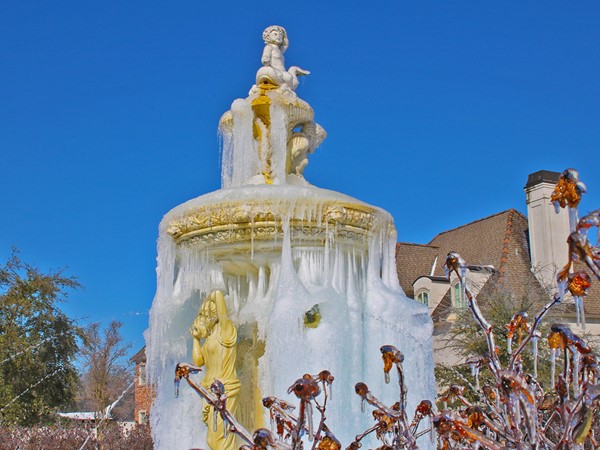 Thawing out after an icy February week, this neighborhood fountain resembles a frozen sculpture