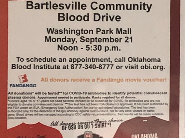 Blood Drive on September 21st. at Washington Park Mall in Bartlesville 