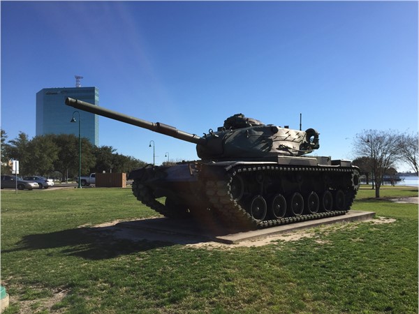 Military vehicle in Veteran's Memorial Park located on the seawall in Downtown Lake Charles