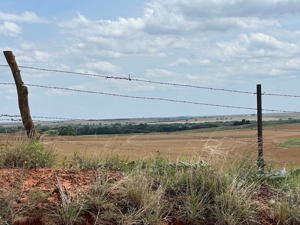 Old bar wire fence frames on a ripened wheat field overlooking a valley