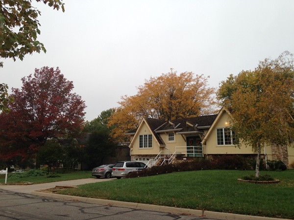 Red, yellow, orange, and green leaves surround homes in Prairie Meadows, Lawrence