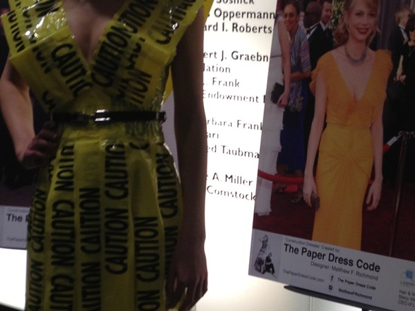 A dress made out of  Habitat for Humanity construction sight material to copy an emmy dress