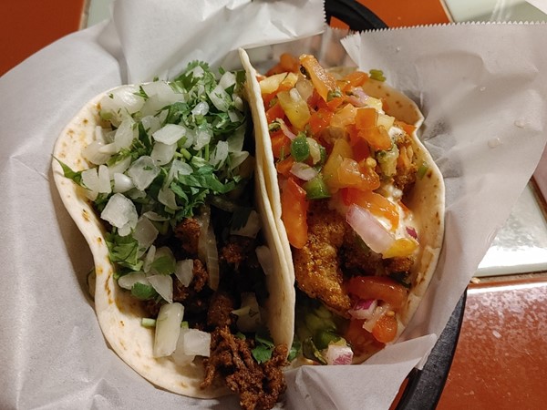 Tacos from Big Truck - Beef Al Carbon and Fried Shrimp