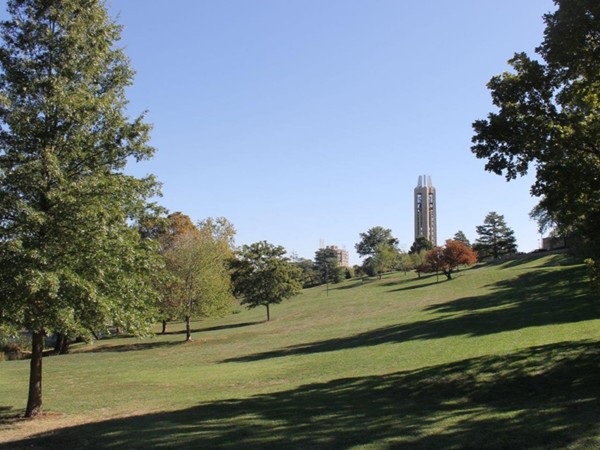 A distant view of the KU Memorial Campanile